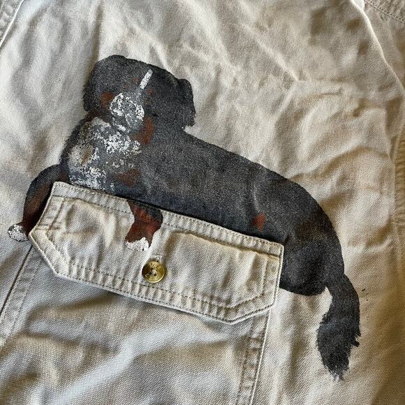 Vintage Lee Bernese Mountain Dog Painted Denim Button Up Shirt Mens XXL Tan 90s - Picture 3 of 9